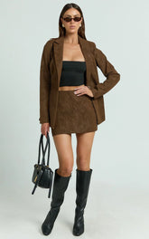 Gretchen Mini Skirt - High Rise Faux Suede Skirt in Brown