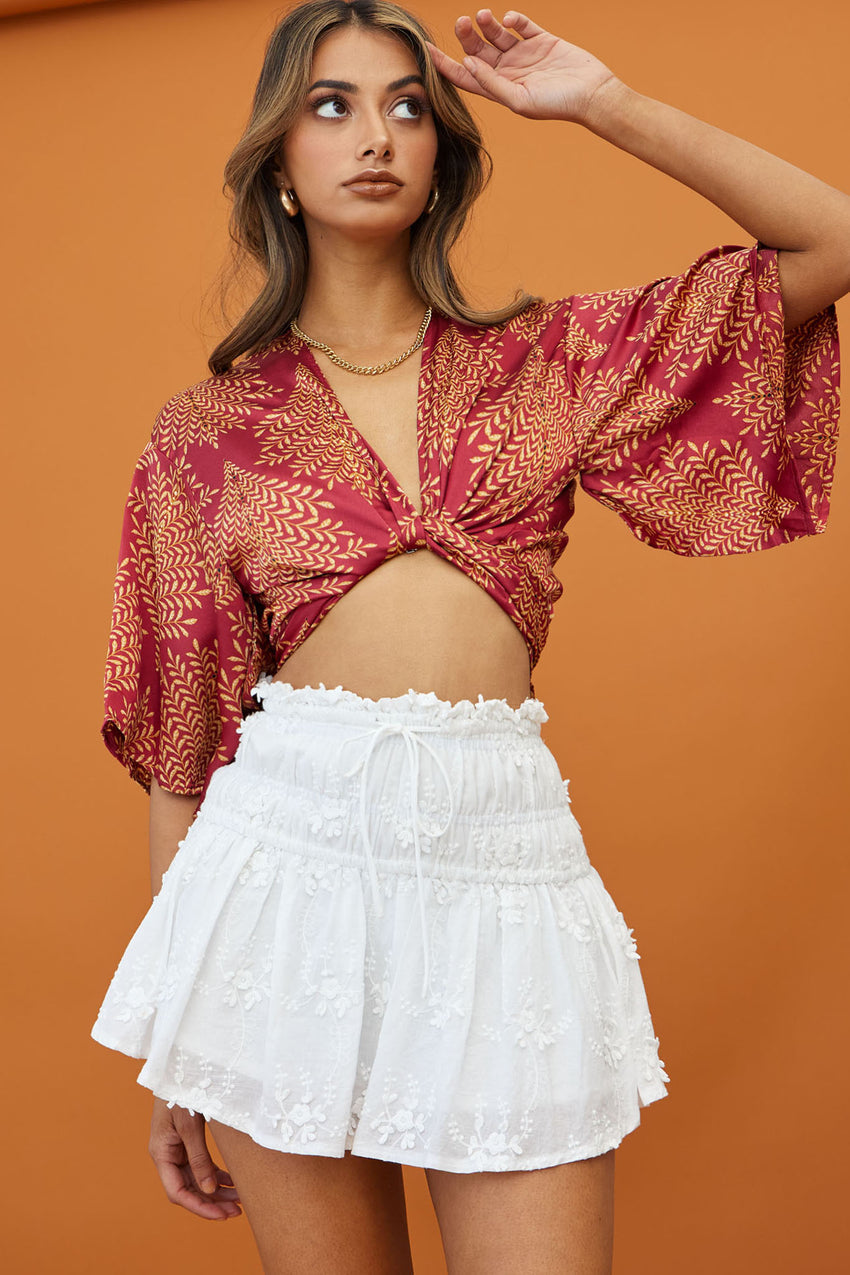 Rivera Deep-V Waist-Tie Top Leaf Print Wine