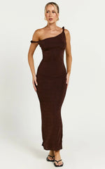 Isabel Midi Dress - Twist Off Shoulder Bodycon Dress in Chocolate