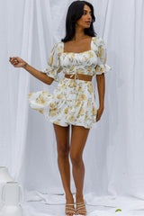 Lilibet Puff Sleeve Drawstring Crop Top Floral White