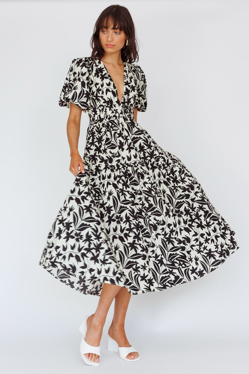 Summer Land V-Neckline Midi Dress Floral Beige